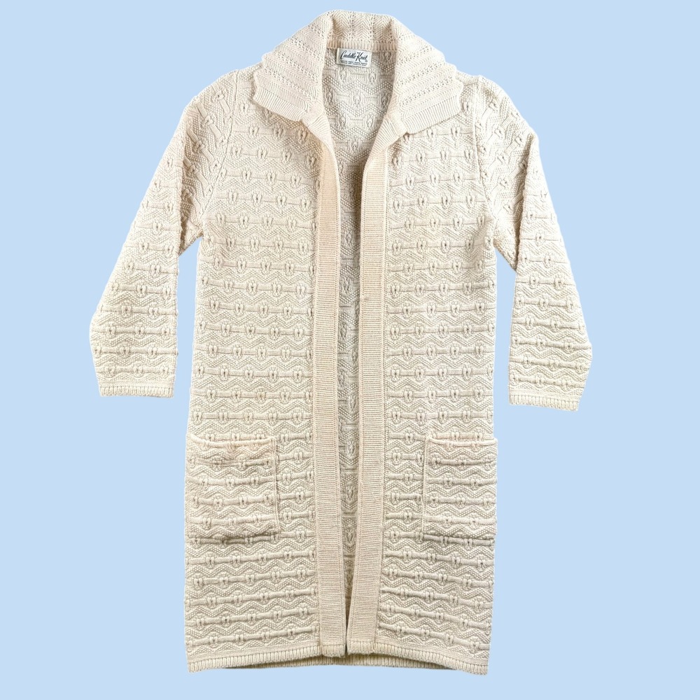 Vintage Cuddle Knit Cardigan Women L Cream Open Front Longline Textured 70s Cozy